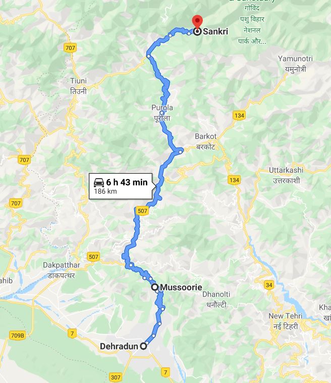 Google Maps. Dehradun to Sankri