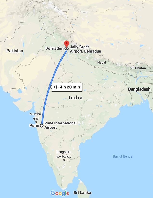 Google Maps. Pune to Dehradun