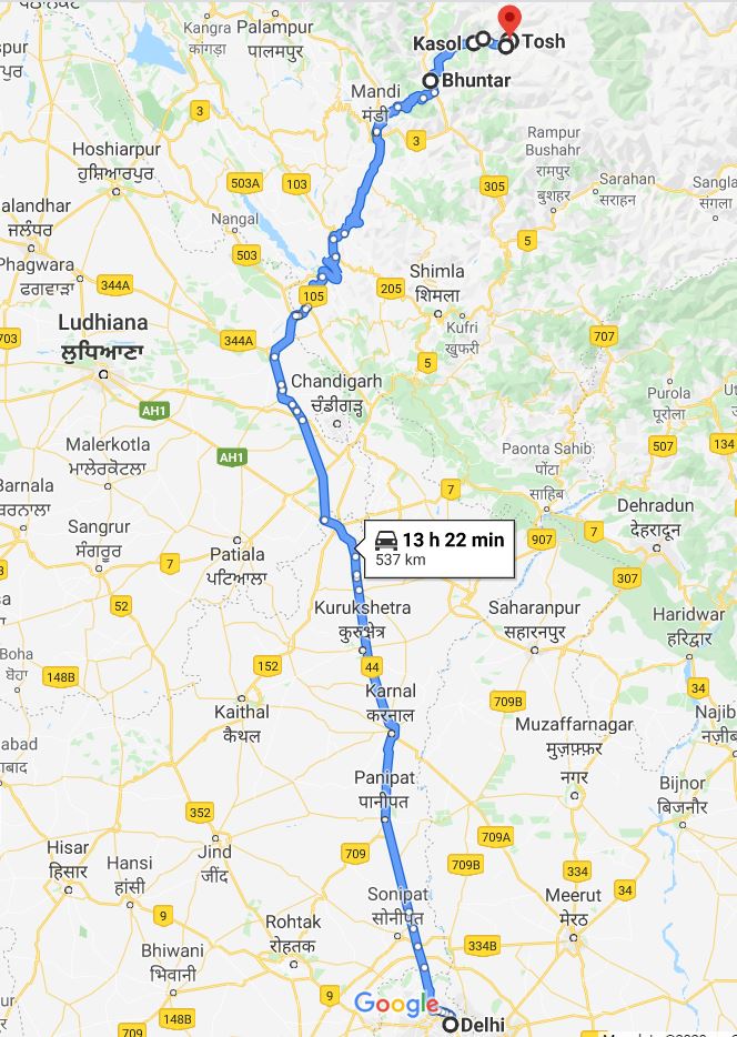 Google Maps Delhi to Tosh